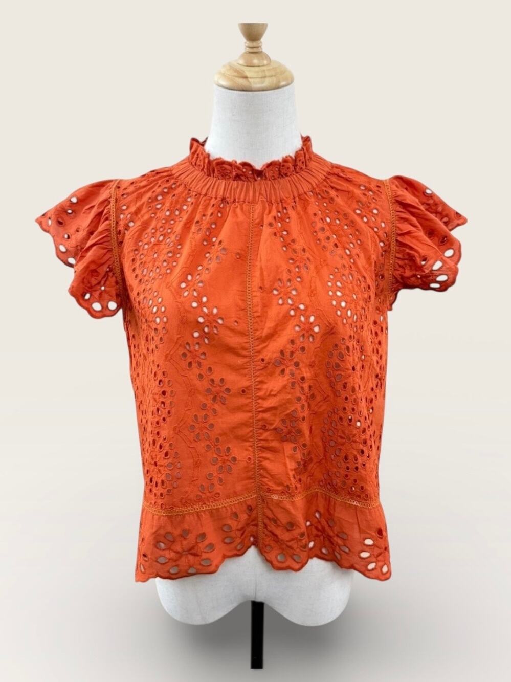 Jennifer & Grace Orange Eyelet Back Button Top w/ Ruffle Sleeve & Neck, Sz S